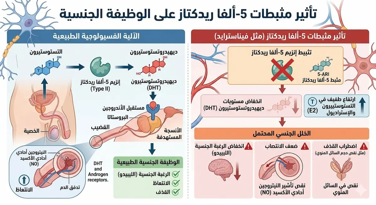 رسم توضيحي طبي يوضح تأثير أدوية البروستاتا وتساقط الشعر على توازن هرمون الذكورة والانتصاب.