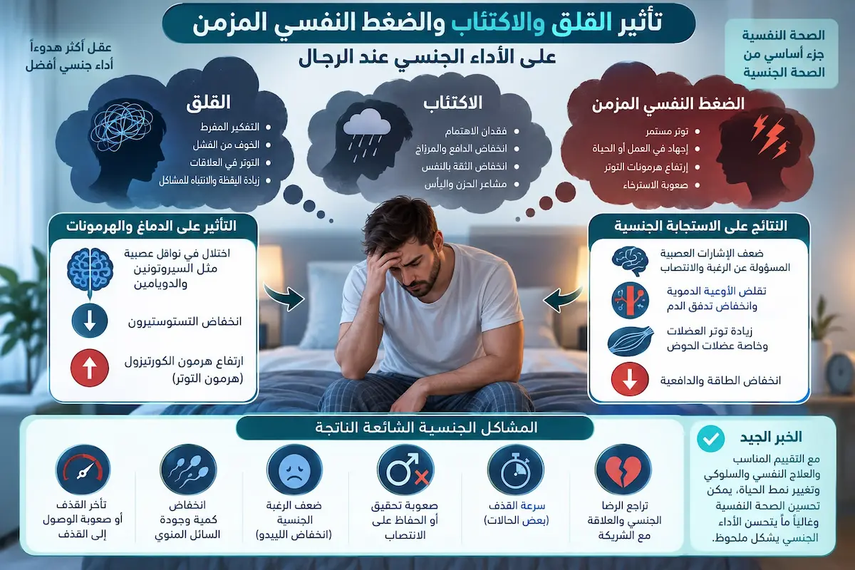 تأثير الضغط النفسي والقلق على الأداء الجنسي - أطلس الرجل الصحي. إنفوجرافيك طبي بصري يوضح تأثير القلق والاكتئاب والضغط النفسي المزمن على الأداء الجنسي وضعف الانتصاب لدى الرجال.