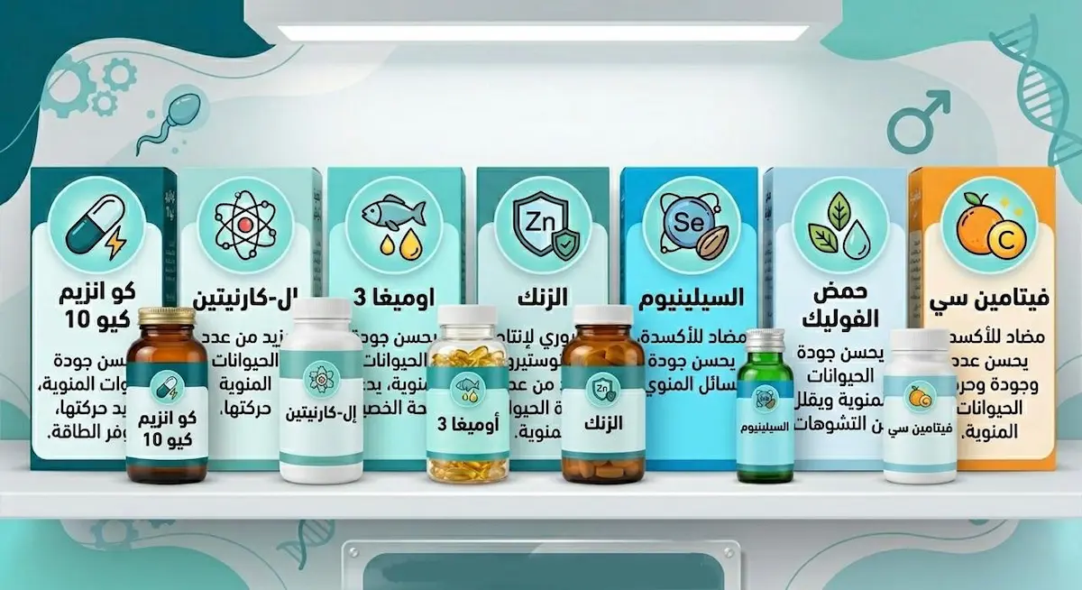 إنفوجرافيك طبي يوضح أهم المكملات الغذائية والفيتامينات المثبتة علمياً لتحسين جودة الحيوانات المنوية زيادة الخصوبة عند الرجل طبيعياً.