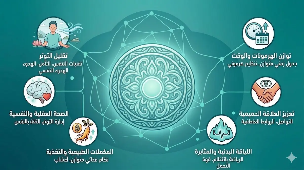إنفوجرافيك طبي ملون يجمع بين التغذية ، ممارسة الرياضة، وتقليل التوتر من أجل زيادة الرغبة الجنسية عند الرجل.