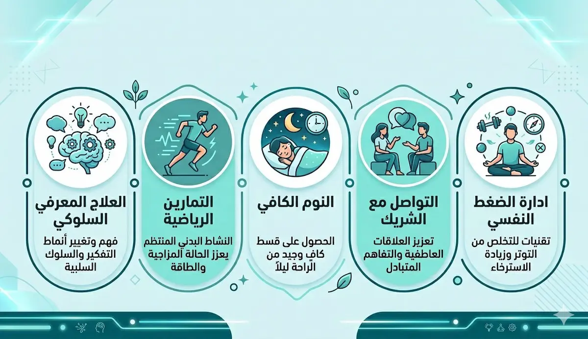 إنفوجرافيك طبي ملون يوضح 5 خطوات عملية لتحسين الصحة النفسية من أجل تعزيز الرغبة والأداء الجنسي، مثل النوم والتأمل.