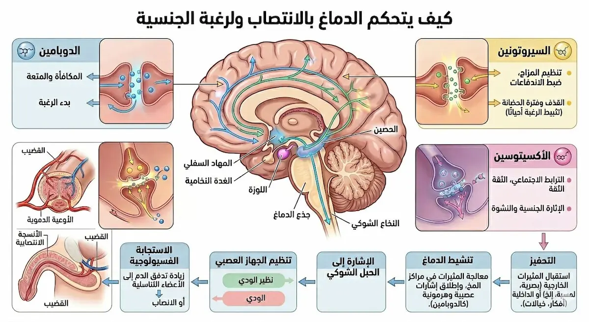 رسم توضيحي طبي يشرح فسيولوجية الاستجابة الجنسية وتفاعل الدماغ والجهاز العصبي لتنفيذ الانتصاب والقذف.