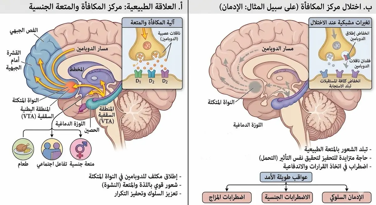 مخطط طبي يشرح دور الدوبامين ومركز المكافأة في الدماغ وعلاقة اختلالهما بـ فقدان المتعة الجنسية عند الرجل.