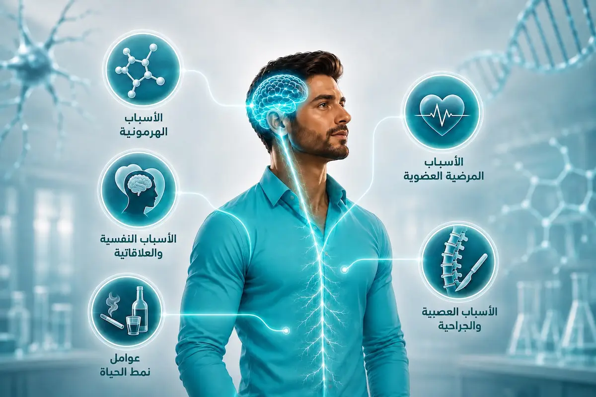 لقطة فوتوغرافية لشاب يستغرق في التفكير وحوله أيقونات الأسباب لمناقشة الدليل العلمي الشامل لأسباب انخفاض الرغبة الجنسية عند الرجال.