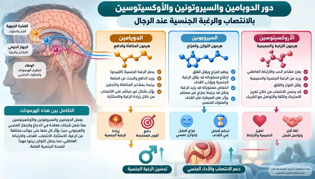 دور الناقلات العصبية والهرمونات في الرغبة والانتصاب - أطلس الرجل الصحي. إنفوجرافيك طبي بصري يوضح دور الدوبامين والسيروتونين والأوكسيتوسين وتأثير هذه الناقلات العصبية والهرمونات على الانتصاب والرغبة الجنسية لدى الرجال.