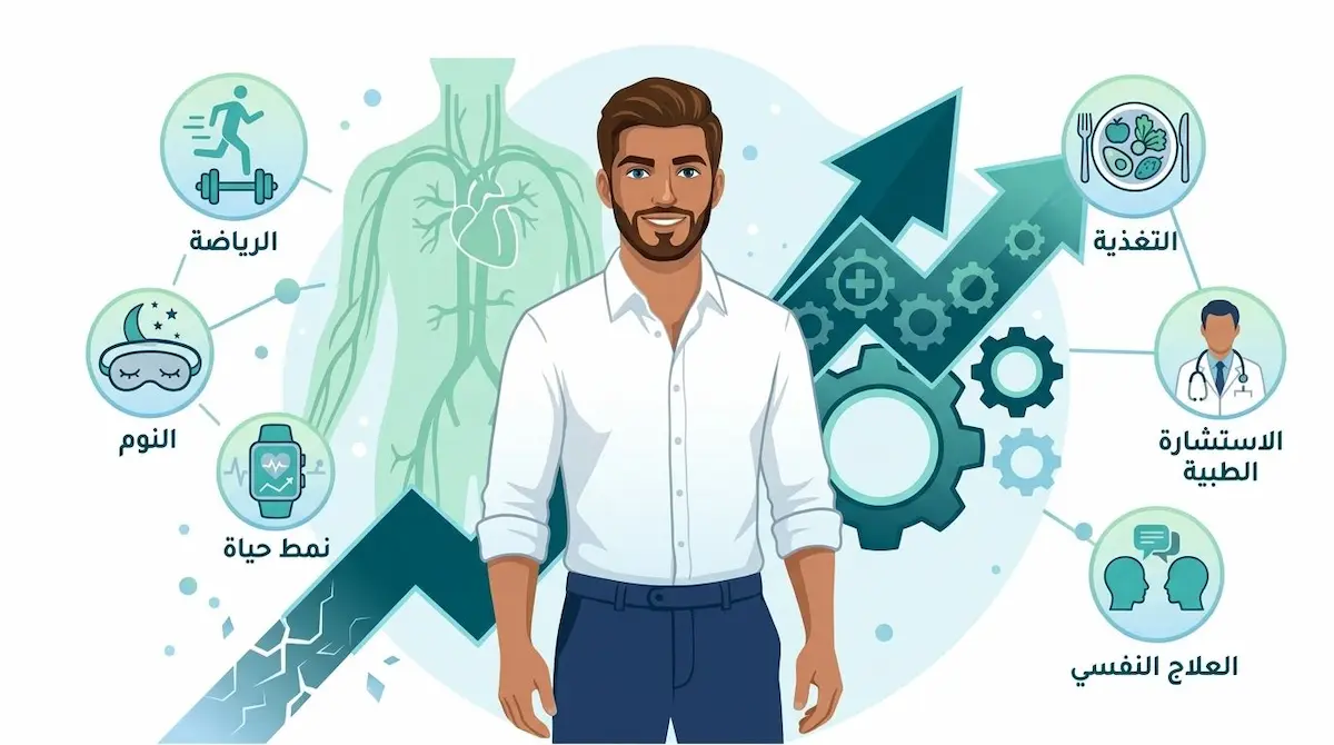 إنفوجرافيك طبي يوضح 6 نصائح لعلاج ضعف الانتصاب تشمل الرياضة، التغذية، النوم، والجانب النفسي والطبي