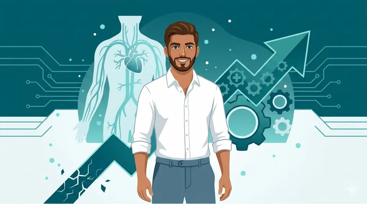 رسم توضيحي فني لشاب عربي واثق مع هيكل تشريحي طبي يعبر عن موضوع ضعف الانتصاب عند الشباب.