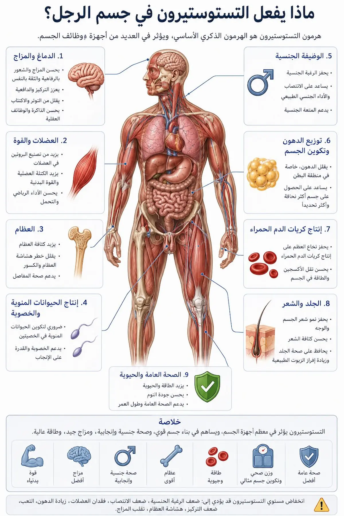 إنفوجرافيك طبي يوضح وظائف هرمون التستوستيرون وتأثيره الشامل على الدماغ، العضلات، العظام، وحرق الدهون عند الرجال.