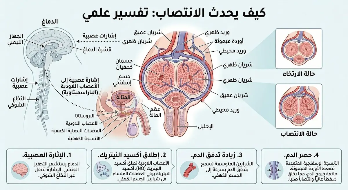 رسم توضيحي طبي يشرح آلية حدوث الانتصاب وتدفق الدم في الأوعية الدموية، مع التركيز على دور الجهاز العصبي والقلب