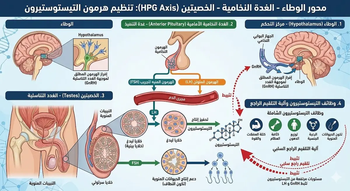 إنفوجرافيك طبي يوضح محور HPG في جسم الرجل: كيف يسيطر الوطاء والغدة النخامية على إنتاج التستوستيرون في الخصيتين.