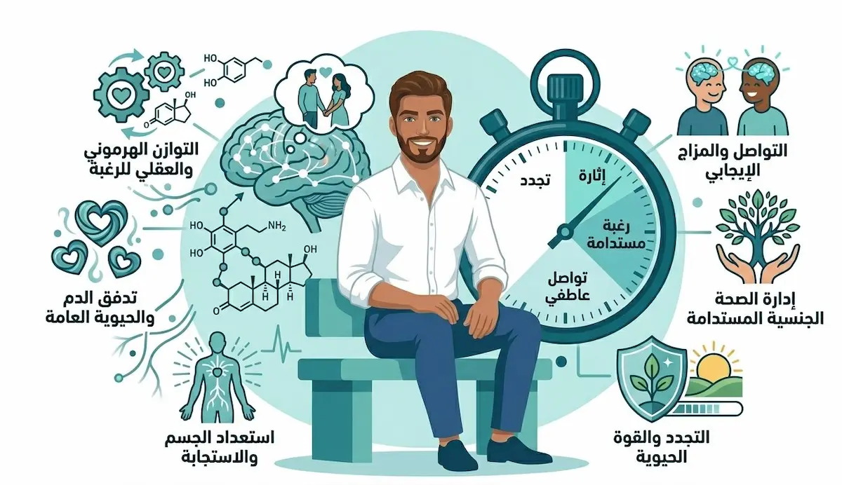 شاب عربي بملابس عصرية يجلس بثقة، خلفه رموز مضيئة تعبر عن الرغبة الجنسية والتوازن الهرموني للرجال، تصميم كرتوني احترافي لموقع أطلس الرجل الصحي.