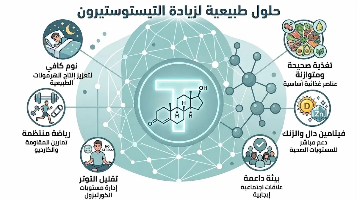 رسم توضيحي يجمع بين التغذية والرياضة والنوم كطرق أساسية من أجل زيادة هرمون التستوستيرون طبيعياً