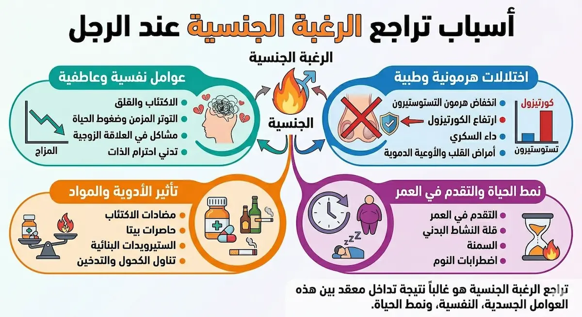 إنفوجرافيك طبي يوضح الأسباب الرئيسية لضعف الرغبة مثل: التوتر، نقص النوم، الأدوية، والتدخين، واضطراب الهرمونات.