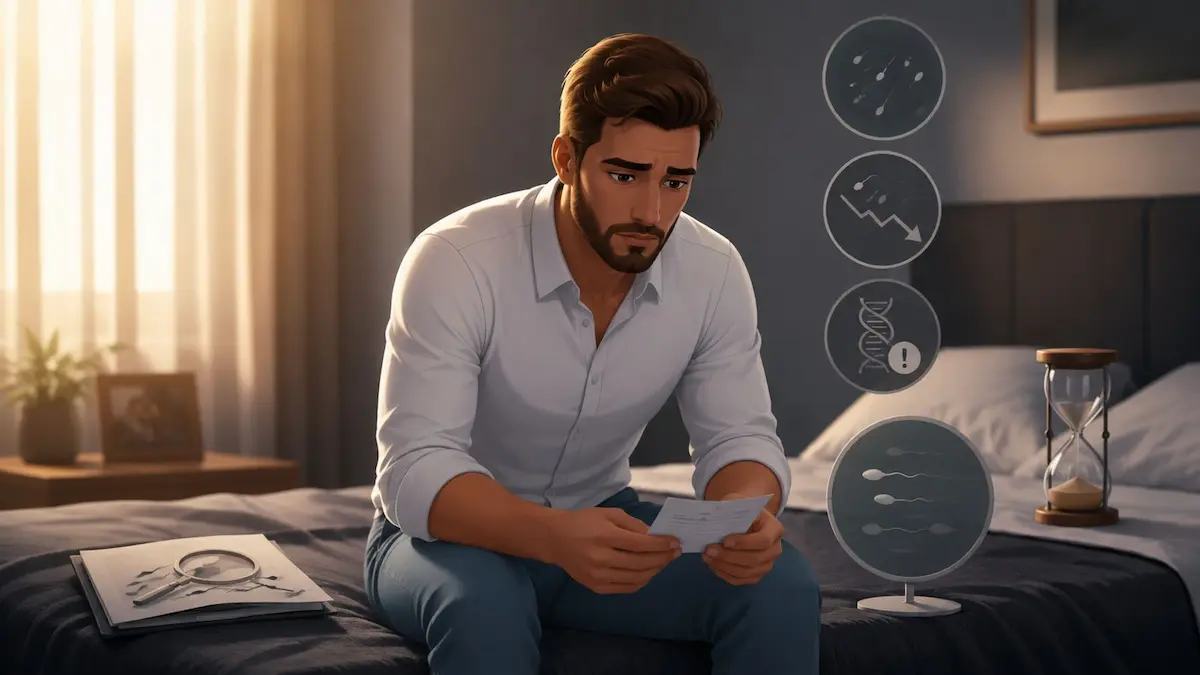 رسم توضيحي يصور الشاب في حالة إحباط وقلق وهو يقرأ نتائج تحليل الخصوبة، لمناقشة علامات وأسباب ضعف الخصوبة عند الرجال.