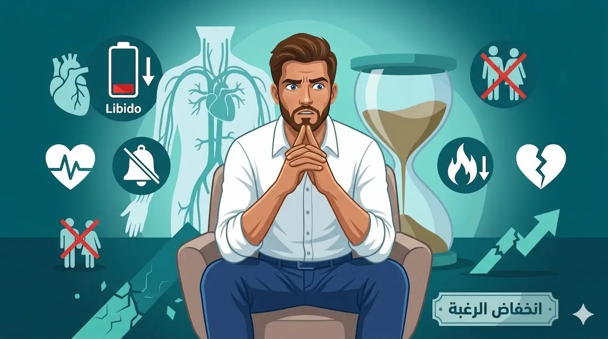 رسم توضيحي طبي يظهر الشاب العربي في حالة من التفكير أو القلق، مع رموز خلفية ترمز لضغوط الحياة وتأثيرها على الرغبة الجنسية عند الرجل .
