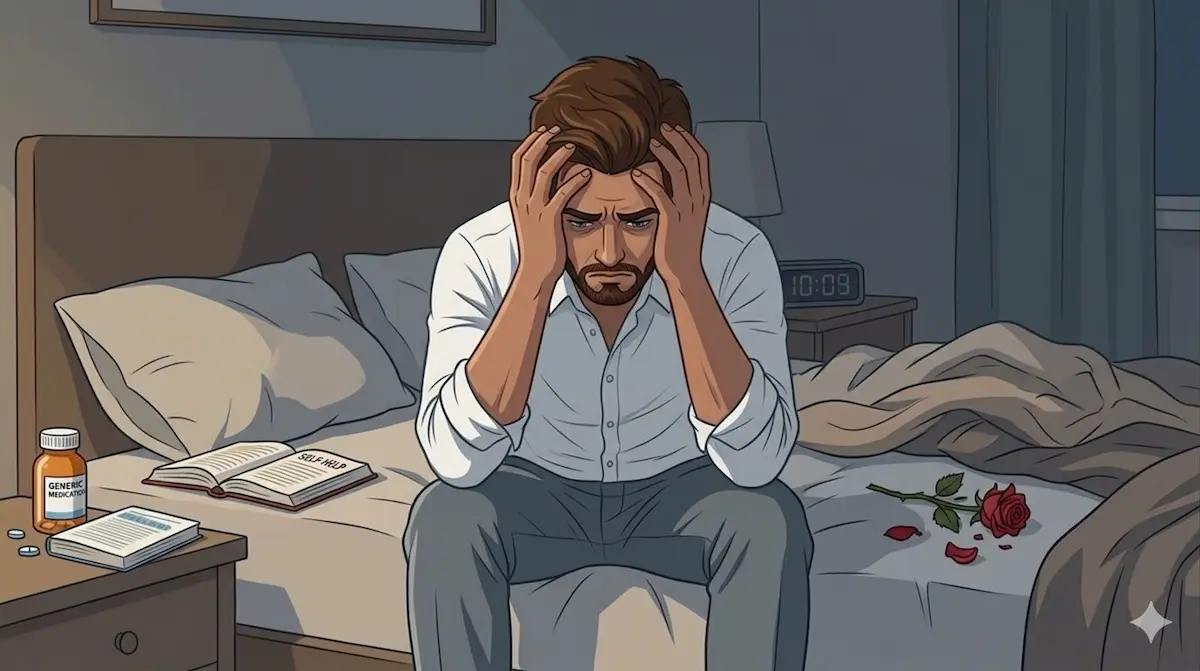رسم توضيحي يظهر الشاب العربي في حالة من الإحباط وفقدان الشعور بالرضا أو المتعة الجنسية رغم وجود الرغبة.