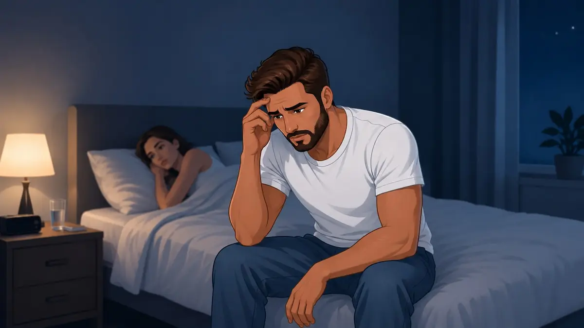 رسم توضيحي يظهر الشاب جالساً على السرير بقلق وخلفه زوجته لمناقشة أسباب القلق الجنسي وتأثيره على الأداء للرجال.