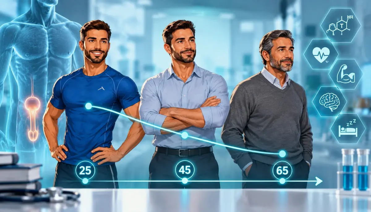 رسم توضيحي ولقطة لشاب في مراحل عمرية مختلفة لمناقشة مقال القدرة الجنسية عند الرجال ولماذا تختلف وكيف تتغير مع العمر.