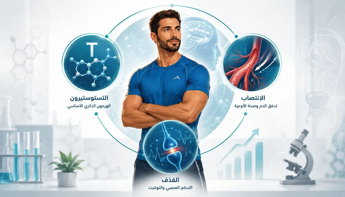 رسم توضيحي ولقطة لشاب محاط بأيقونات التستوستيرون والانتصاب والقذف لمناقشة مقال العادة السرية والصحة الجنسية عند الرجال وتأثيراتها.