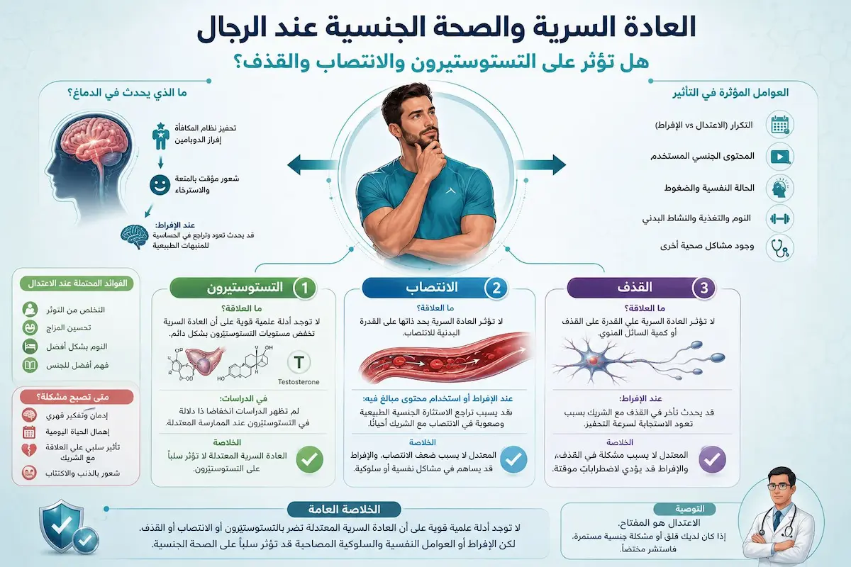 إنفوجرافيك طبي بصري يوضح شرح وتأثير العادة السرية على مستويات هرمون التستوستيرون وآلية الانتصاب والتوقيت الفسيولوجي للقذف لدى الرجال.
