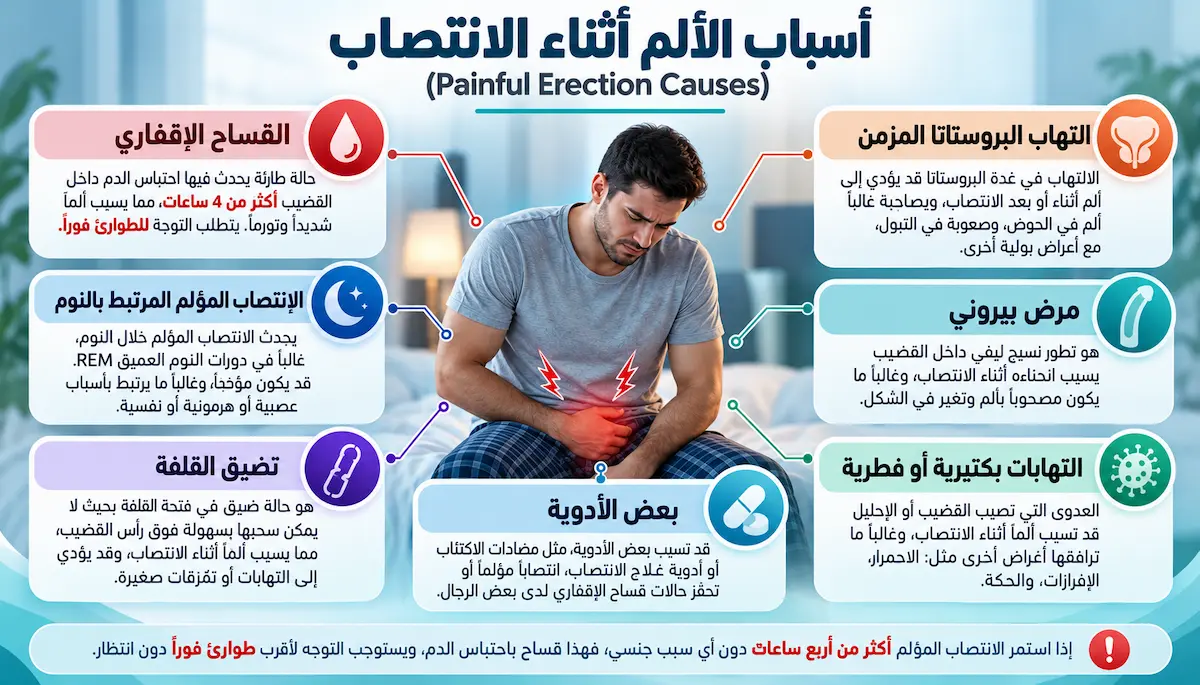 إنفوجرافيك طبي بصري يوضح الأسباب الطبية الرئيسية للألم أثناء الانتصاب، مثل مرض بيروني، التهاب البروستاتا، والتهابات المسالك البولية.