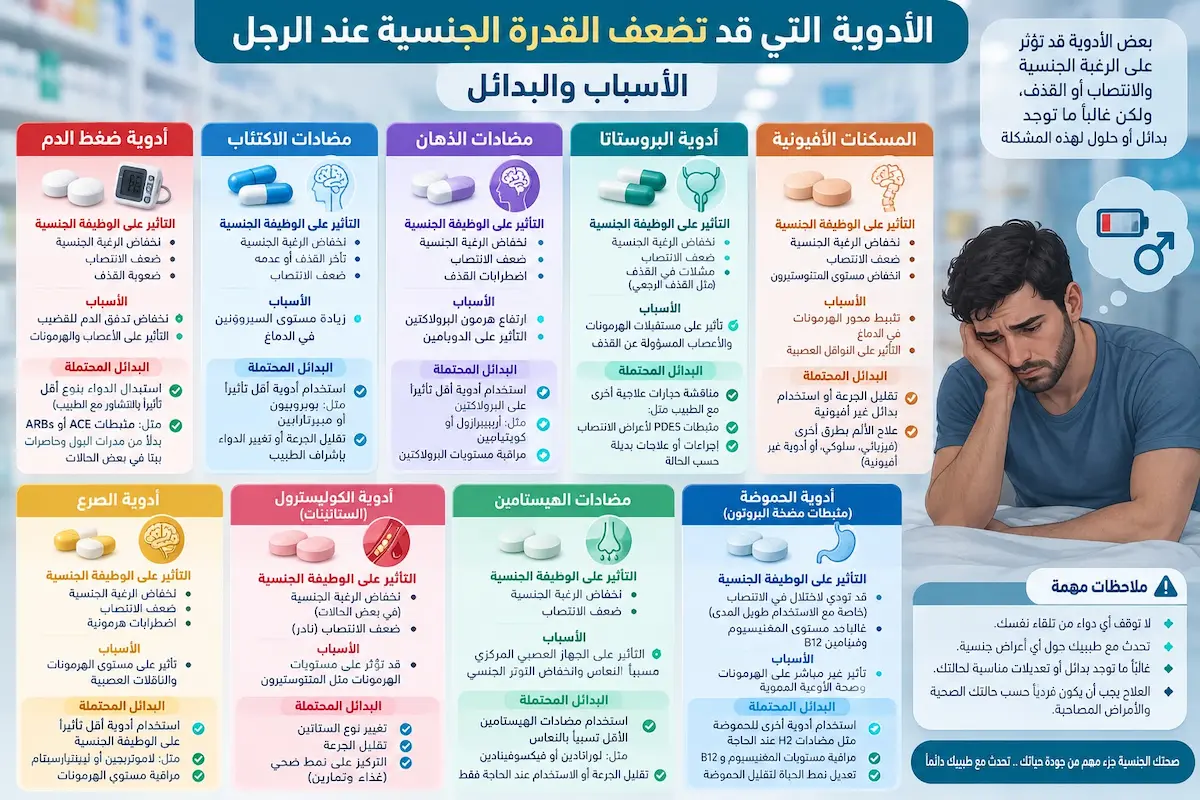 إنفوجرافيك طبي بصري يوضح ملخص تأثير الفئات الدوائية المختلفة (مثل أدوية الضغط والمضادات النفسية) على الانتصاب والرغبة القذف لدى الرجال.