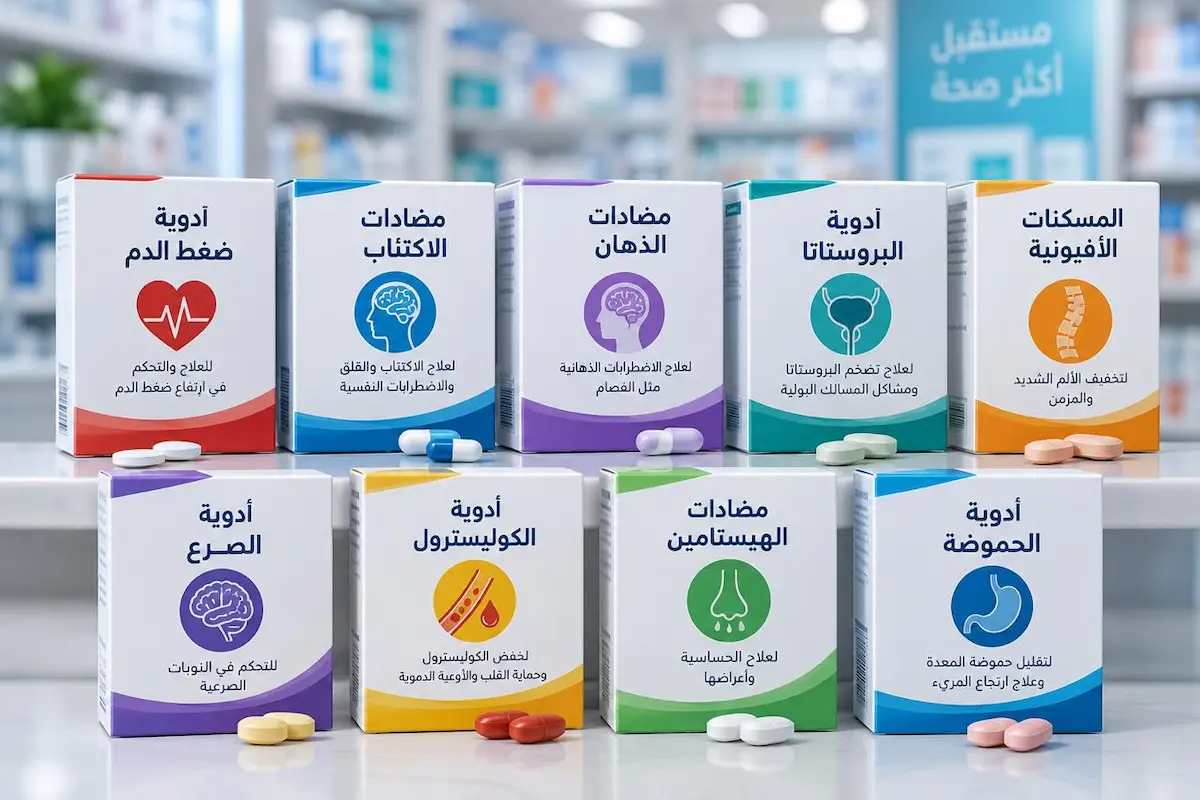 رسم توضيحي لعلب وأقراص أبرز الأدوية التي قد تسبب ضعفًا جنسيًا لدى الرجال لمناقشة مقال الأدوية التي تضعف القدرة الجنسية والبدائل المتاحة.