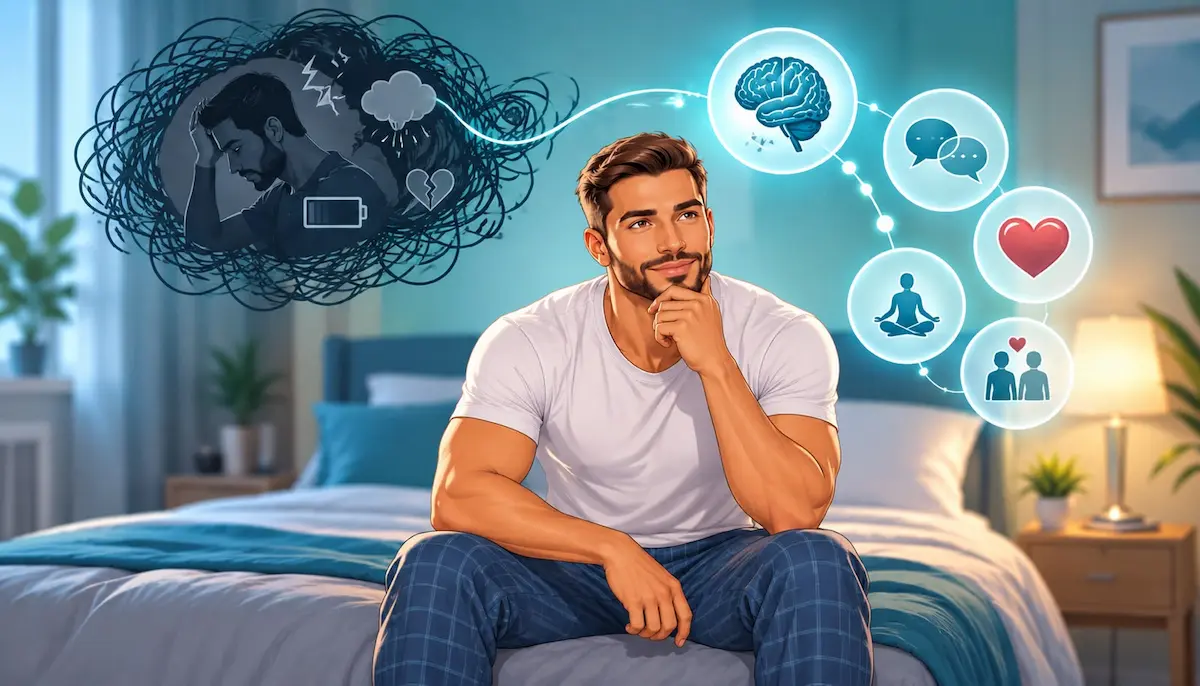 رسم توضيحي لشاب يجلس على السرير وحوله أيقونات تعبيرية للقلب والدماغ لمناقشة مقال الصحة النفسية والجنس عند الرجل والعلاقة الخفية بينهما.