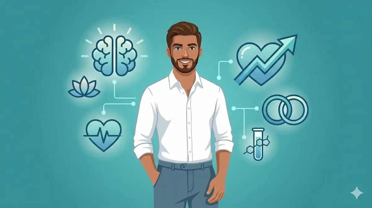 رسم توضيحي فني يظهر الشاب وخلفه رموز للدماغ والقلب، توضح العلاقة العميقة بين الصحة النفسية والقدرة الجنسية.