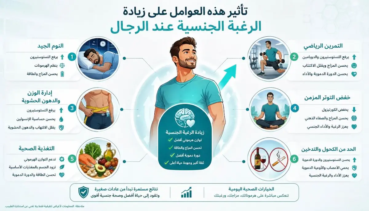 إنفوجرافيك طبي بصري يوضح شرح الطرق الاستراتيجيات الطبيعية كالنوم والرياضة والتغذية وتأثيرها المباشر على زيادة الرغبة الجنسية عند الرجال.