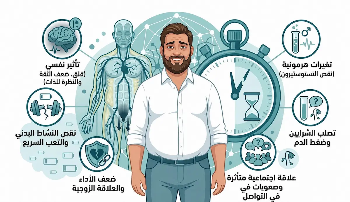 رسم توضيحي يظهر تأثير زيادة الوزن والسمنة على الأداء الجنسي وصحة الرجل العامة.