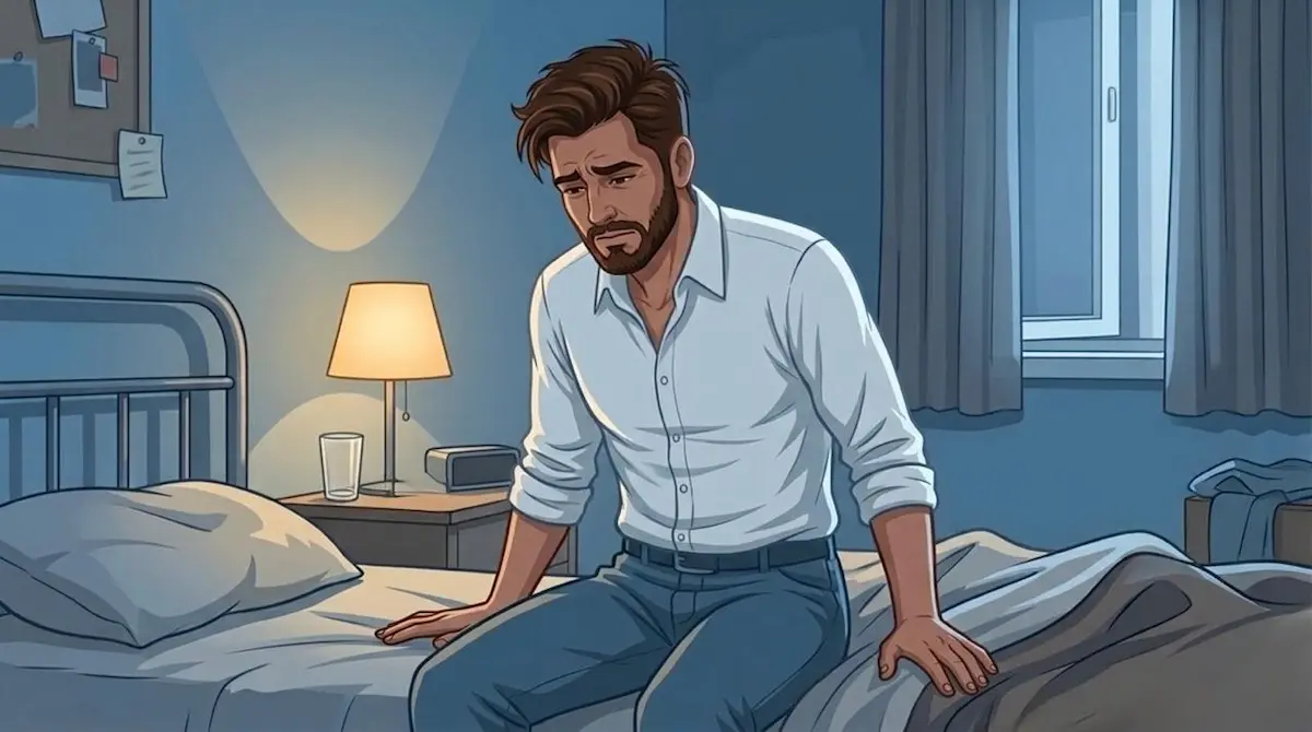 رسم توضيحي يظهر الشاب العربي وهو يشعر بعدم الارتياح والألم أثناء الانتصاب، مما يشير إلى وجود مشكلة طبية تتطلب الانتباه.