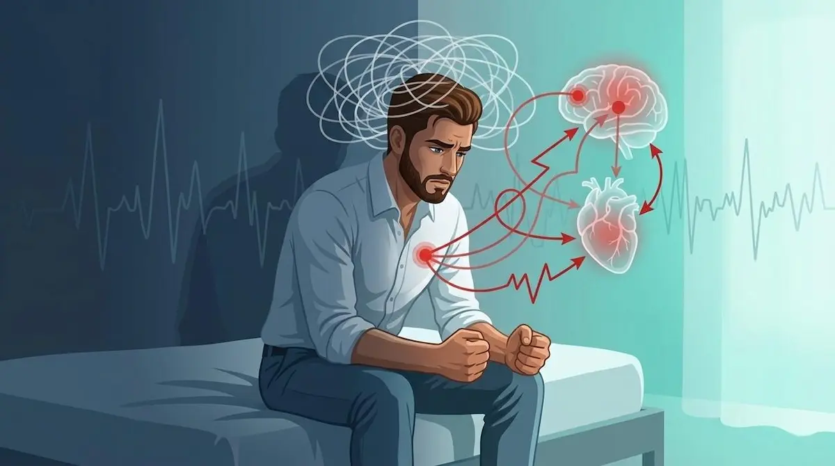 رسم توضيحي يظهر الشاب في حالة توتر وخوف شديد بسبب القلق الجنسي وتأثيره السلبي المتوقع على أدائه.