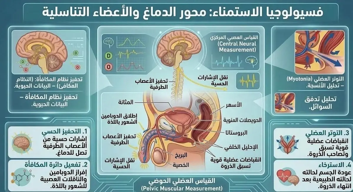 مخطط فيزيولوجي علمي يشرح الآلية العصبية والهرمونية لكيفية حدوث الاستمناء واستجابة الدماغ للمثيرات.