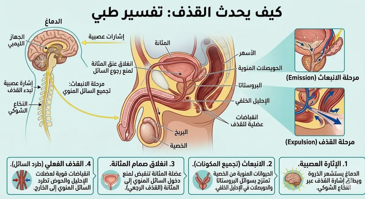 رسم توضيحي طبي يشرح فسيولوجية عملية القذف ودور الجهاز العصبي والدورة الدموية.