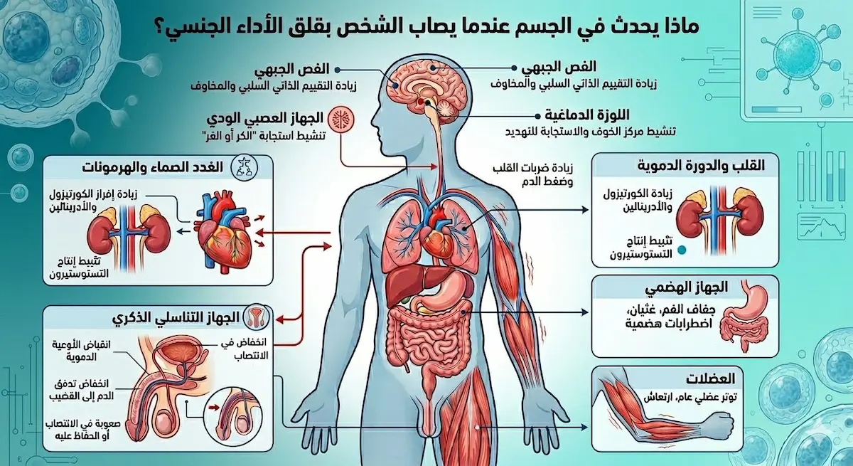 مخطط طبي يشرح كيف يؤدي القلق لتفعيل "استجابة الكر أو الفر" وإفراز الأدرينالين الذي يمنع حدوث الانتصاب.