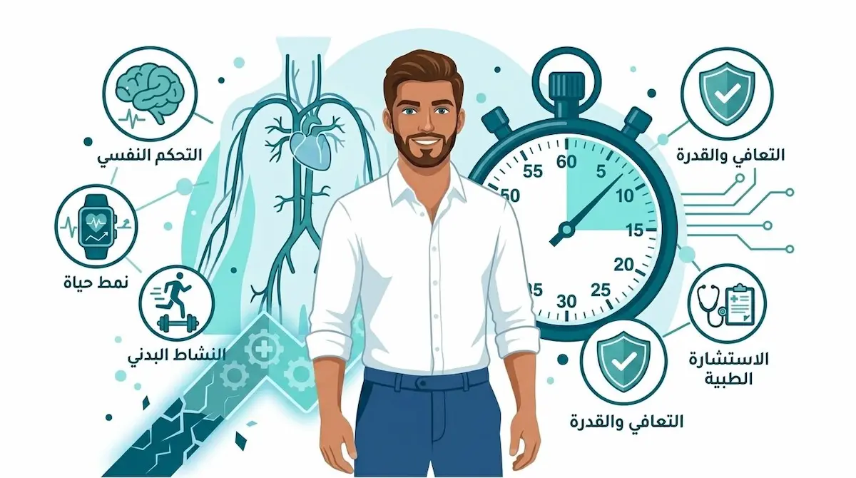 رسم توضيحي فني يظهر شاب مع حلول عملية وعلاجات سلوكية لمشكلة سرعة القذف عند الشباب .