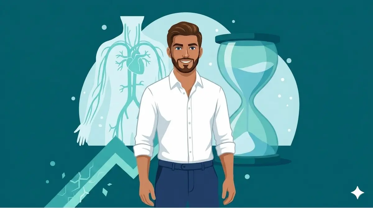 رسم توضيحي فني يجمع بين شاب عربي وهيكل طبي يشرح موضوع سرعة القذف عند الشباب .