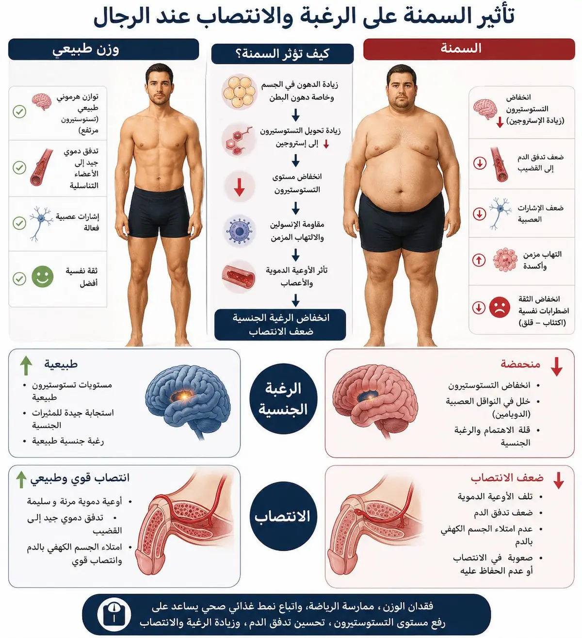 إنفوجرافيك طبي علمي يشرح آلية تأثير السمنة وزيادة الوزن على خفض هرمون التستوستيرون وتدمير انتصاب الأوعية الدموية للرجال.