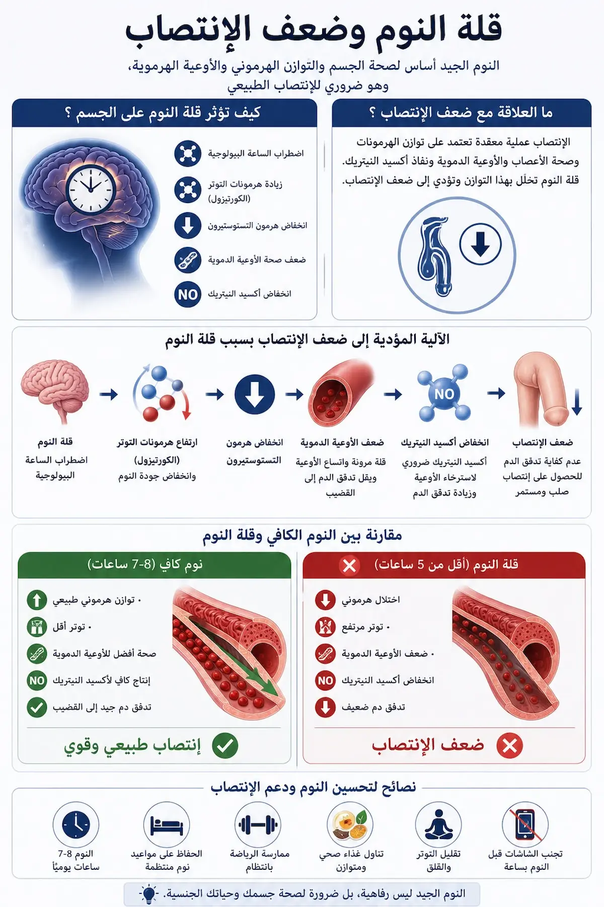 إنفوجرافيك طبي علمي يشرح آلية تأثير قلة النوم على خفض التستوستيرون ورفع الكورتيزول وتثبيط انتصاب الأوعية الدموية عند الرجال.