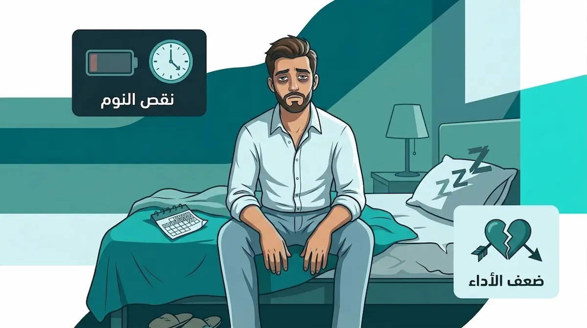 رسم توضيحي يظهر الشاب وهو يعاني من آثار قلة النوم والإرهاق وتأثير ذلك على نشاطه البدني والجنسي.