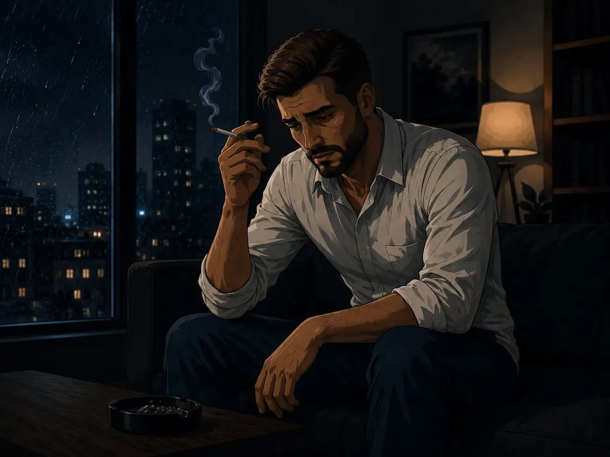 رسم توضيحي يظهر شاباً مدخناً وهو محبط ومجهد ليلاً لمناقشة أثر التدخين والتبغ على ضعف الانتصاب والرغبة عند الرجال.