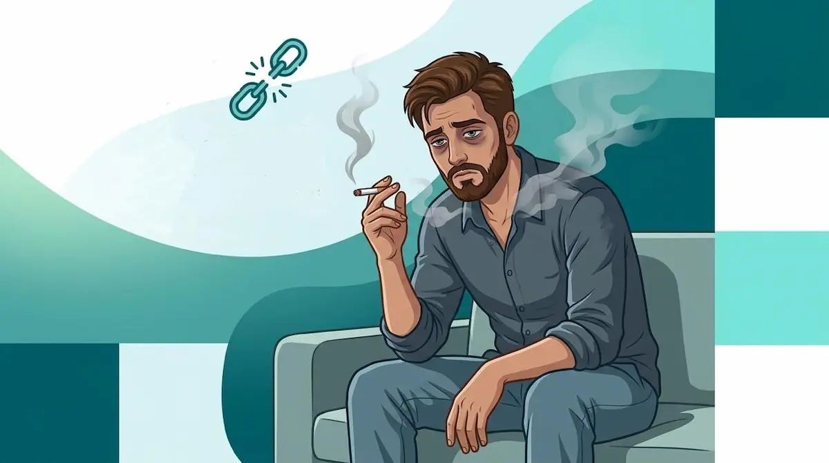 رسم توضيحي يظهر الشاب العربي وهو يدخن، مع إشارات بصرية توضح تأثير التدخين السلبي على الطاقة البدنية والقدرة الجنسية.