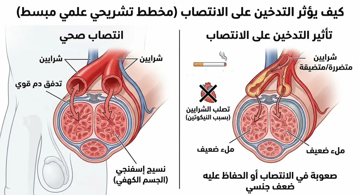 مخطط طبي يشرح كيف يؤدي التدخين إلى تضيق الأوعية الدموية ومنع تدفق الدم اللازم لحدوث الانتصاب ويوضح العلاقة بين التدخين والأداء الجنسي .