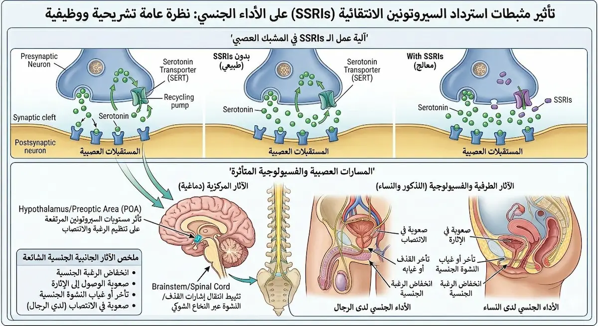 مخطط طبي يشرح كيف تؤثر أدوية الاكتئاب (SSRIs) على مستويات السيروتونين وعلاقتها بـ تأخر القذف وضعف الرغبة.