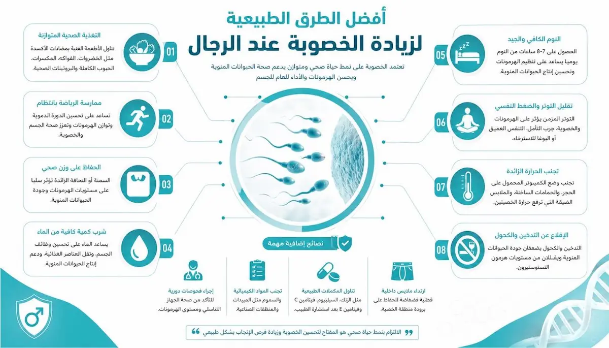 إنفوجرافيك طبي يلخص الخطوات العملية لتحسين جودة الحيوانات المنوية وزيادة القدرة الإنجابية للرجال طبيعياً.