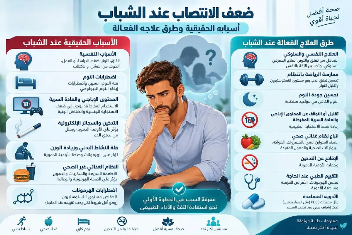 إنفوجرافيك طبي بصري يوضح ملخص أسباب ضعف الانتصاب عند الشباب وطرق العلاج النفسية والجسدية الفعالة.