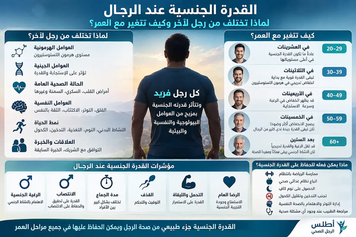 إنفوجرافيك طبي بصري يوضح ملخص القدرة الجنسية عند الرجال وأسباب تفاوتها بين الأفراد وكيفية تغيرها مع التقدم في العمر.