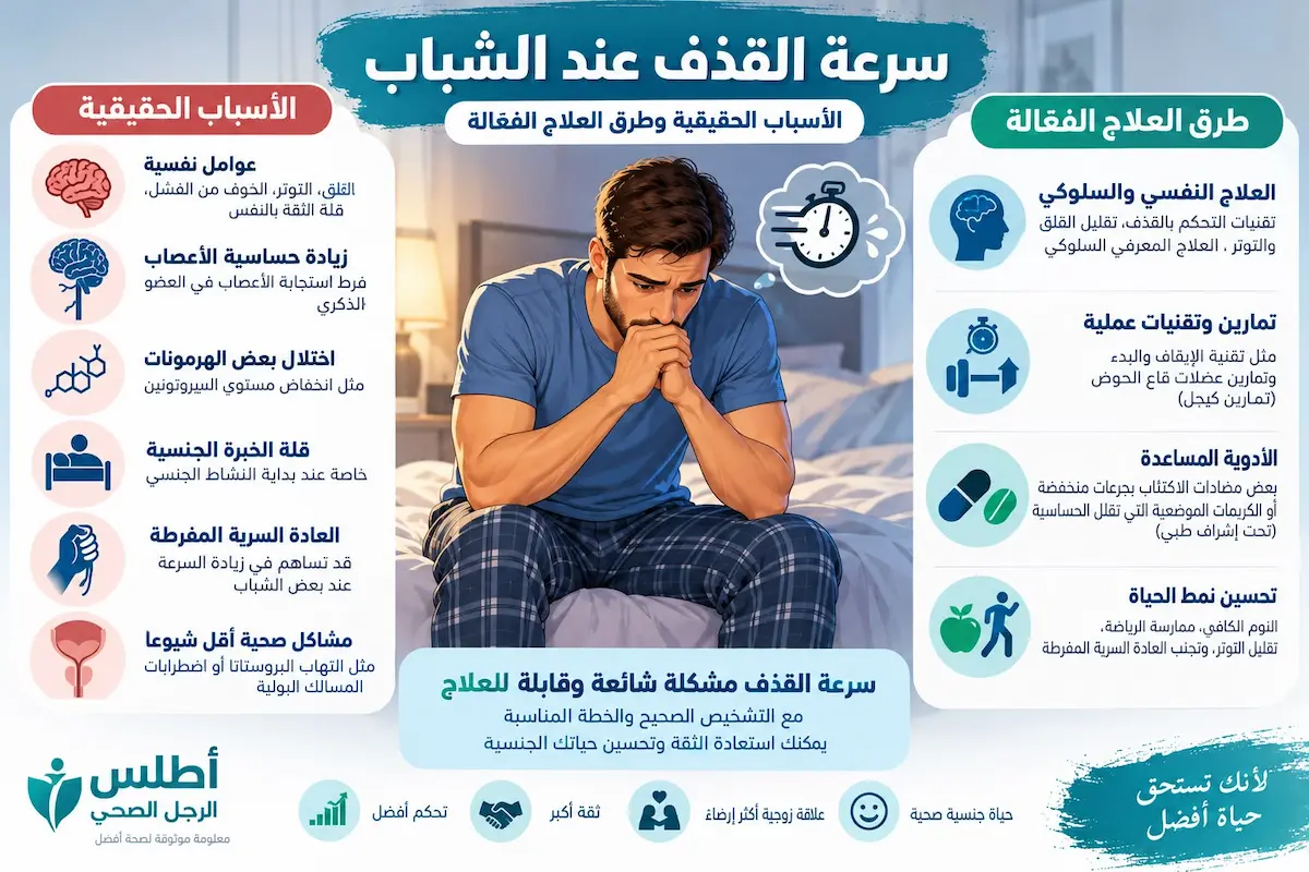 إنفوجرافيك طبي بصري يوضح ملخص أسباب سرعة القذف عند الشباب وطرق العلاج السلوكية والدوائية الفعالة.