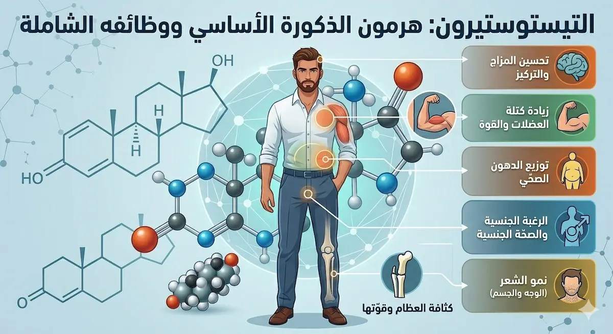 رسم توضيحي فني يظهر الشاب مع أيقونات تبين أهمية هرمون التستوستيرون للجسم.